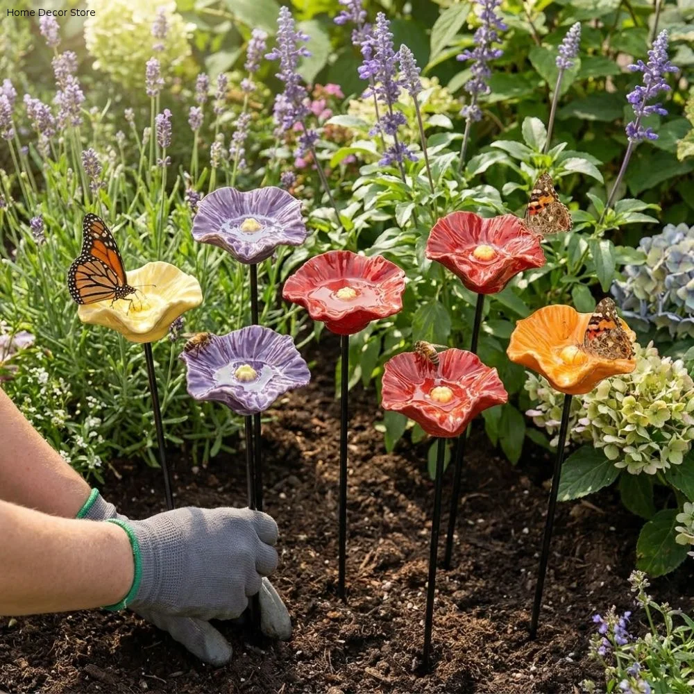 Resin Flower Bee Water Feeder Ground Insert Handcrafted Butterfly Watering Station Rust-resistant UV Resistant Bird Bath Stand