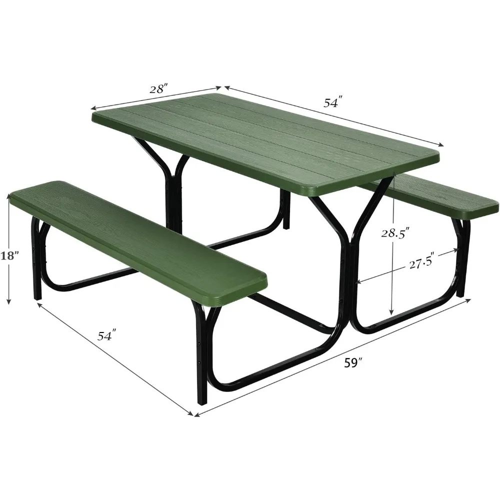 Picnic Table Bench Set, All Weather Metal Base, Sturdy and Rust-Resistant Steel Frame, Camping Table