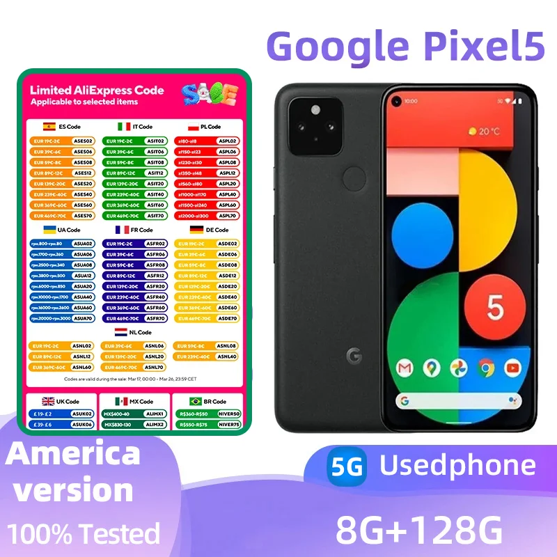 Google Pixel5 5G SmartPhone CPU Qualcomm Snapdragon 756G  Battery capacity 4080mAh 12MP Cameraoriginal used phone