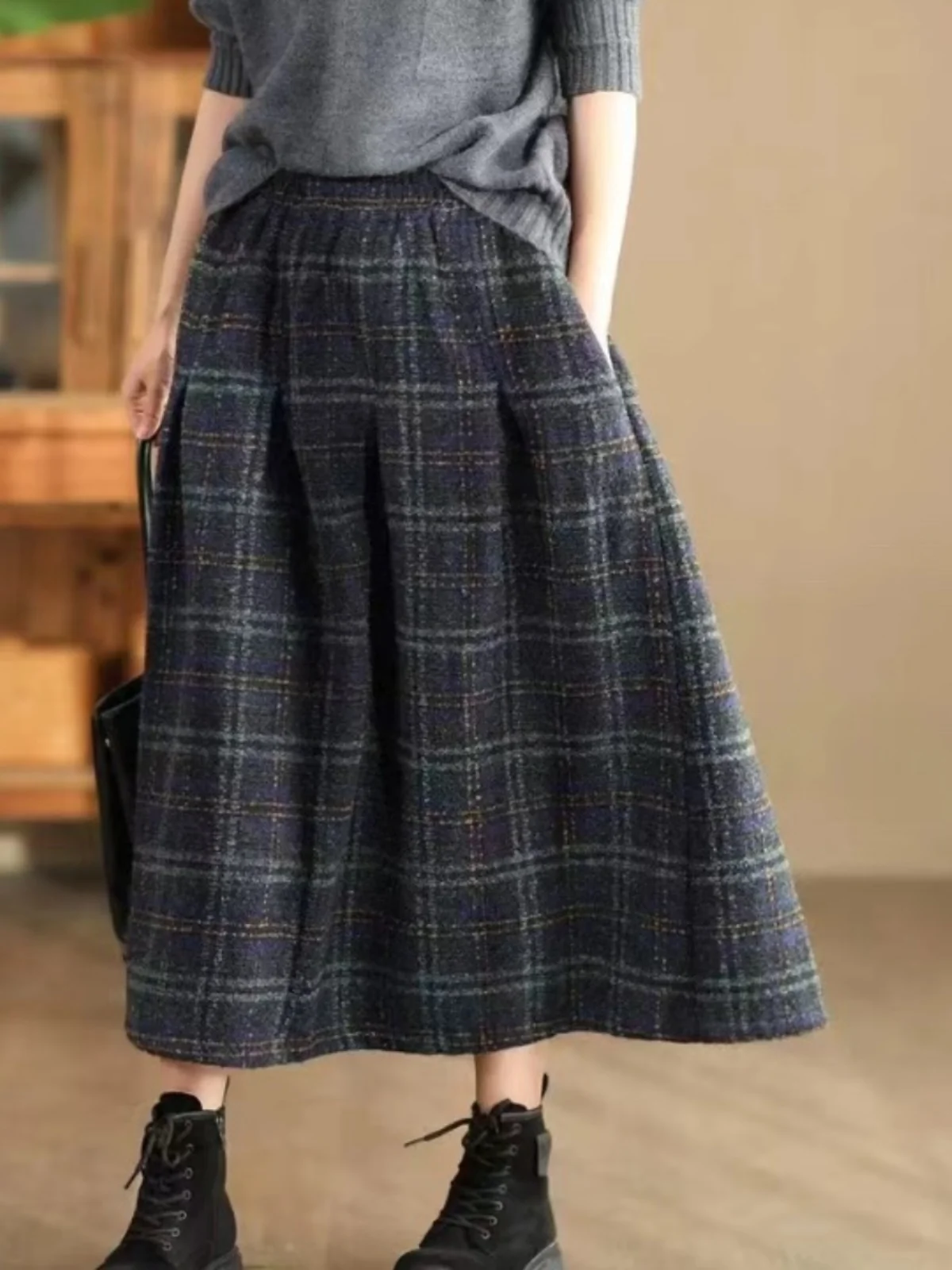 

Retro Plaid Woolen A-Line Midi Skirt Women's Faionable High Waist Slimming Winter Commute Sle Thiened Mid-Length Skirt