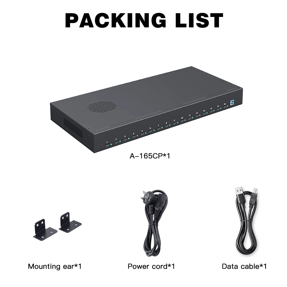 16 Port Industrial USB-C 3.0 Hub with  5 Gbps& 30W PD Fast Charging  A-165CP Type C Splitter Hub for Hard Disks and Phones