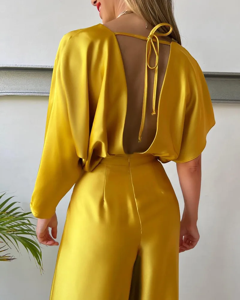 Elegant Solid Jumpsuit For Women 2023 Summer Plunge Satin Deep V Neck Bat Sleeve Wide Leg Backless Rompers Streetwear Outfits