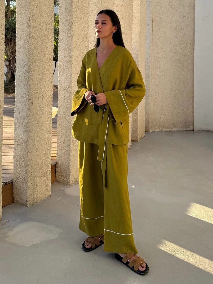

Wolfeel 2026 New Women Spring Outfit Solid Two Piece Set V-neck Cardigan & Wide Leg Pants Loose Suit Elegant Matching Set