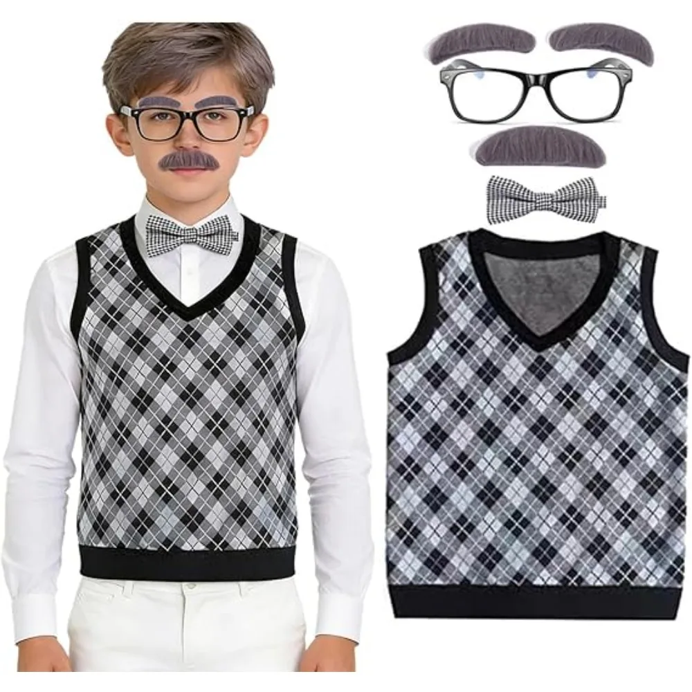 

Kids Old Man Dress Up Cosplay Grandpa Costume for Boys Vest Beard Glasses Walking Stick Suit Carnival Party Role Play Outfit