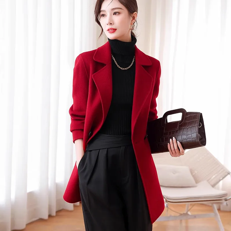 Women Notched Lapel Double Breasted Mid Length Wool Coat Slim Elegant Mom Outerwear Autumn Winter