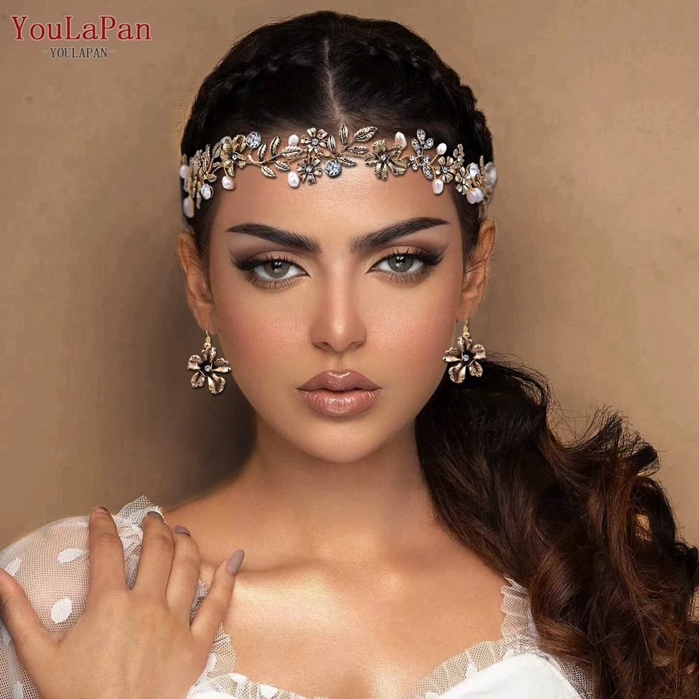 YouLaPan diadema nupcial de cristal para mujer, tocado de perlas doradas, tocado de flores de aleación, joyería para el cabello, accesorios para el cabello, HP355