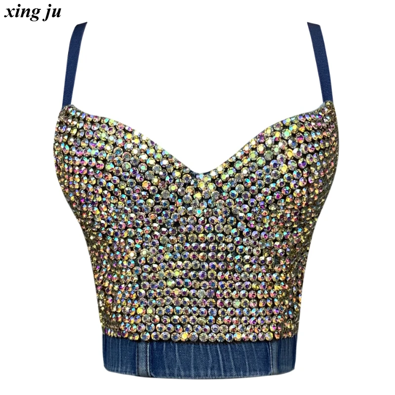 

Xing Ju New Nightclub DJ Rhinestone Denim Strap Vest Women Stage Costume Street Sexy Fishbone Tight Tops Female Performance Wear