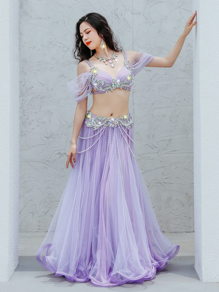 Elegant Popsong Women Egyptian Dance Competition Belly Dance Costume Oriental Dance Rhinestone Beaded Bra Belt Maxi Skirt