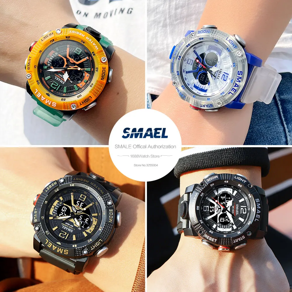 SMAEL Digital Watch Men Fashion Chronograph Quartz Electronical Wristwatch with Transparent White Strap Auto Date Dual Time 8058