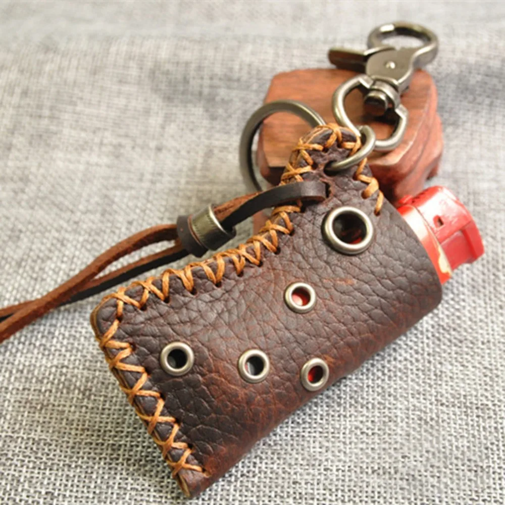 Retro Handmade Soft Cowhide Lighter Leather Case Design Keychain for Men Sewing Leather Holster Pendant Waist Accessories