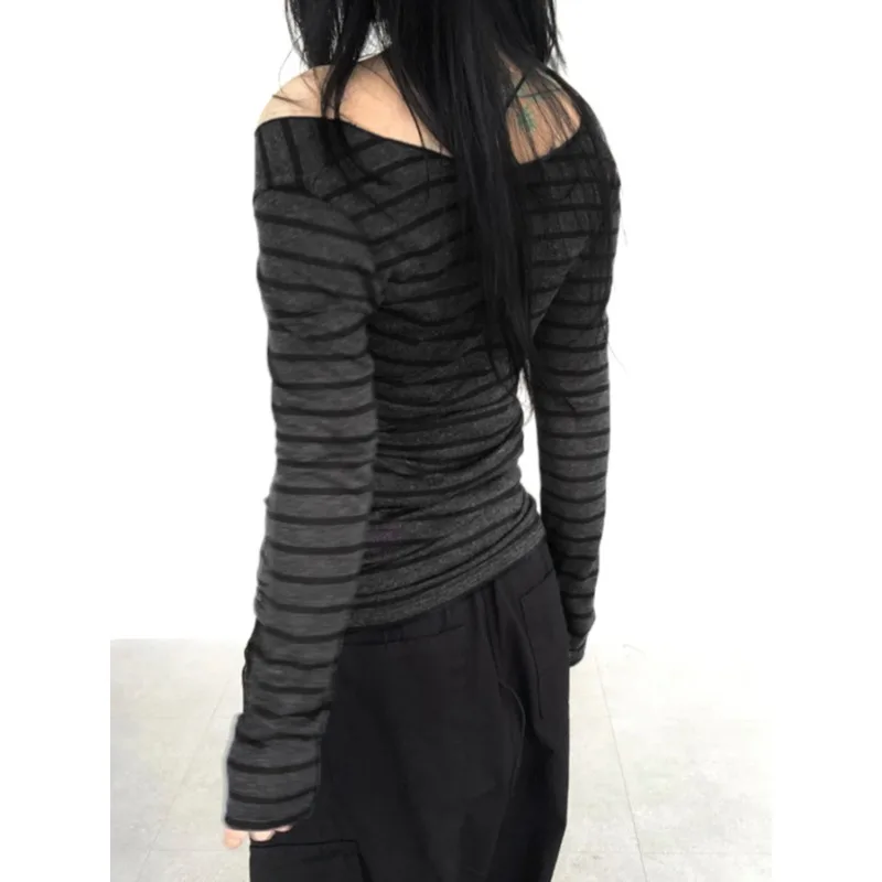 Japanese Basic Slim Long Sleeve Stripe Tee Off Shoulder O Neck Korean Street Style Spring Autumn Y2K Gray T Shirt Women