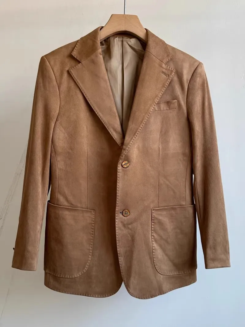 

Fall Winter New Arrival Men's Business Casual Slim Fit Leather Velvet Suit Fashionable Standard Tailoring Double Slit Back