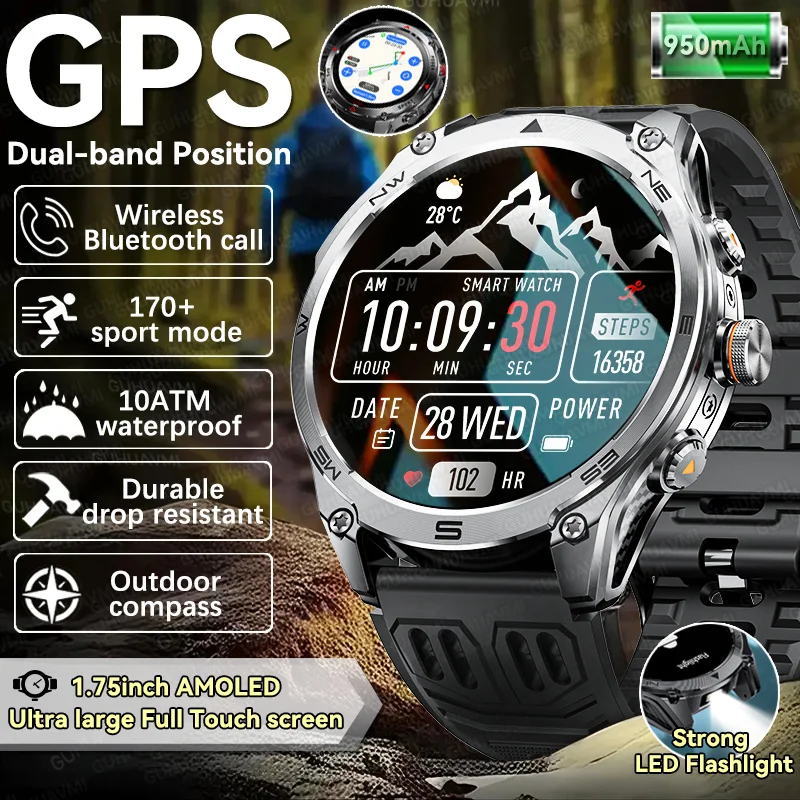

2025 Смарт-часы для фитнеса на открытом воздухе 1,75 дюйма с сверхбольшим экраном, мужские встроенные GPS-позиции, 170 + спортивный режим, аккумулятор 950 мАч, браслеты 10 АТМ