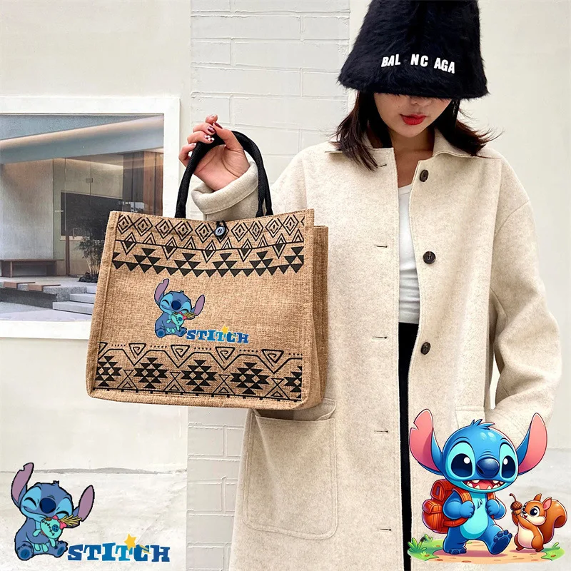 New Disney Stitch Linen Tote Bag for Women Fashion Summer Travel Beach Bag Girls Shopping Handbags Casual Harajuku Shoulder Bag