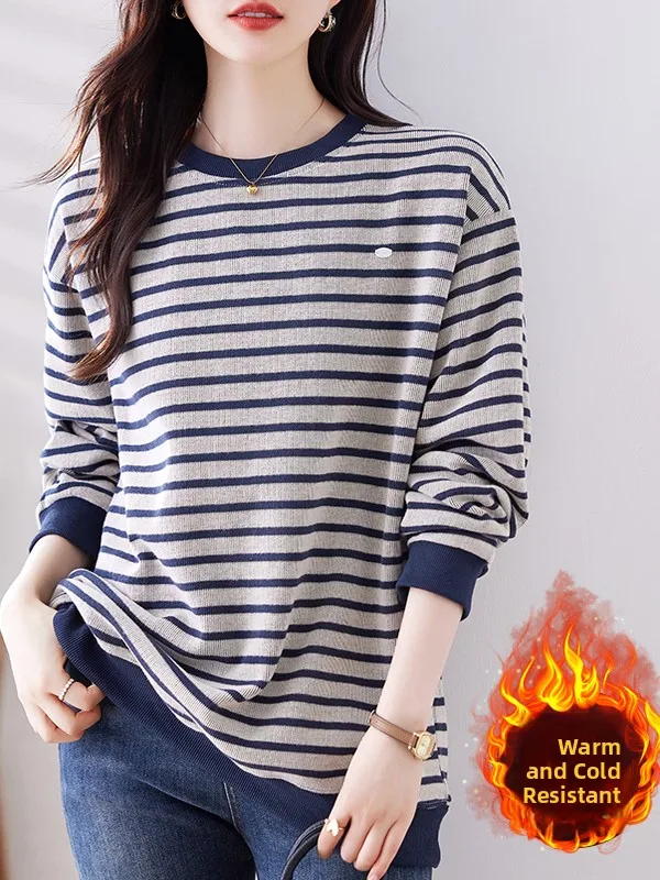 Dames rond Ne Sweatshirt Gestreept Loose Fit Thiened Halflange Faionable Vintage Sle Herfst Winter Nieuwe collectie Top