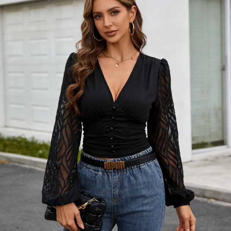 

2026 Spring Casual Lace Long Sleeve Crop Top Women's Solid Color V-Neck Lantern Sleeve Blouse Elegant Slim Fit Party Shirt