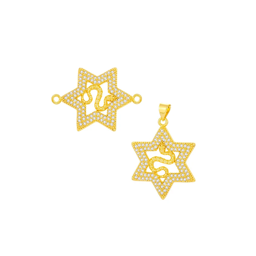 AAA Cubic Zirconia Crystal Gold-plated Brass Snake Star Of David Pendant Charm Connector CZ Stones Jeweish Jewelry DIY Findings