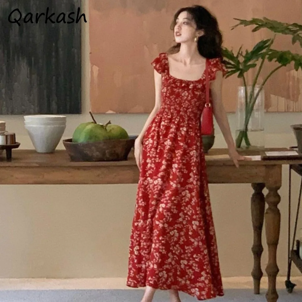 

Square Collar Vintage Women's Dresses A-line Floral Design Stretchy French Style Fungus Slim Waist Female Vestidos Summer Fit