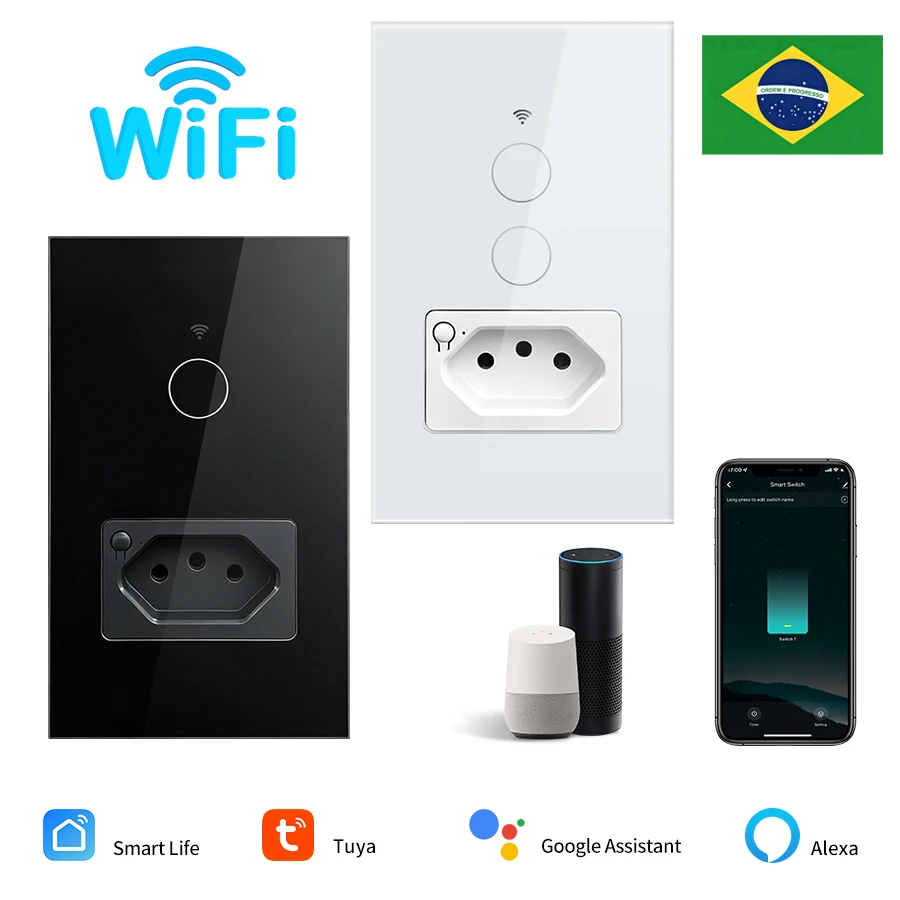 Brazil 10A Tuya WiFi Smart Wall Socket Plug Outlet Panel Touch Switch 1/2Gang Smart Life App Voice Control by Alexa Google Home