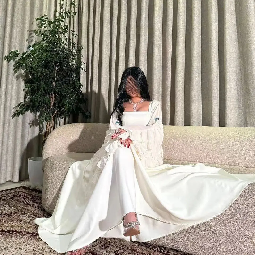 Abito da ballo con scollo quadrato bianco abiti da sera eleganti in Chiffon lunghezza del pavimento abito formale da donna dell'arabia saudita da sposa 2024