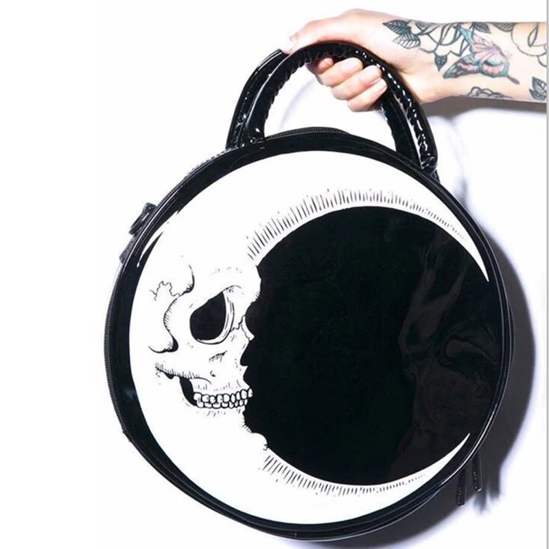 Girls Punk Dark Gothic Novel Shoulder Bag Skull Crossbody Bag, Moon Messenger Bag, Round Bag