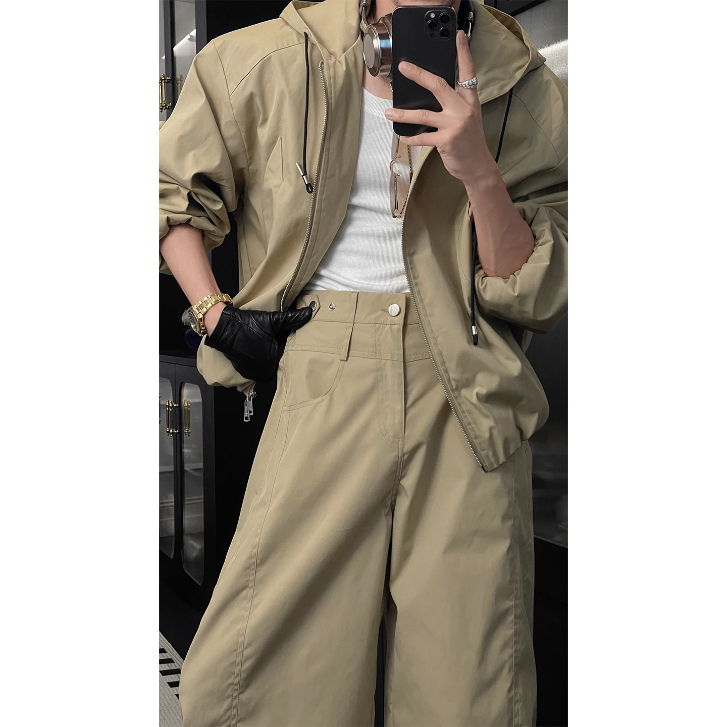 Men's 2025 Autumn New American Style Two-piece Sets Outdoor Hooded Jackets Simple Loose Coats Comfort Pants Solid Color 2pcs