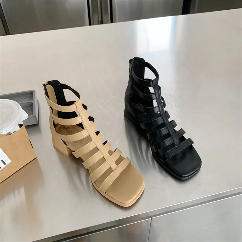 2023 Strappy Hollow Cut Out Sandals High Top Ankle Boots Open Toe Casual Shoes Chunky Block Cuban Low Heel Gladiator Sandals