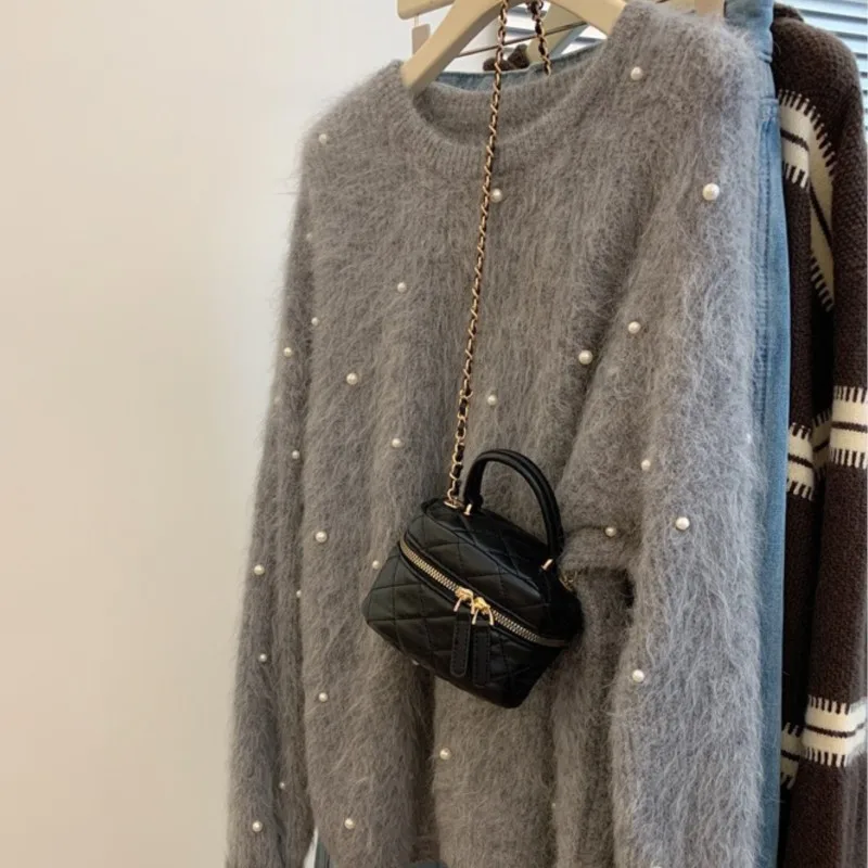 

Свободный флисовый пуловер для носки поверх одежды, вязаный свитер для женщин, осенне-зимний, новый топ с жемчужным декором.