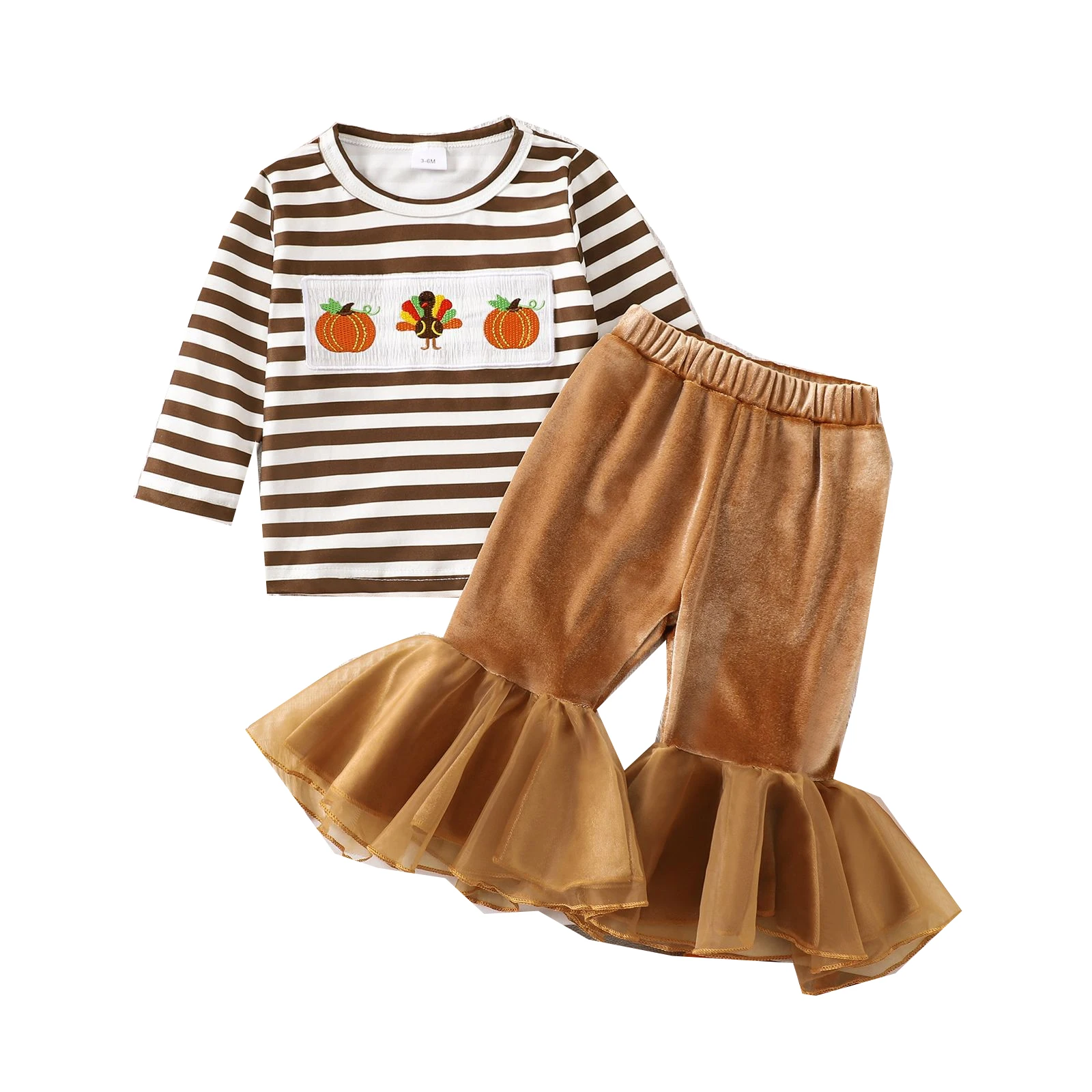 Ready To Ship Boutique Turkey Pumpkin Embroidery Girls Fall Velvet Tulle Ruffle Bell Pants 2Pcs Thanksgiving Outfit