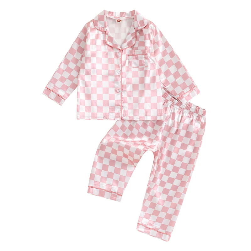 

Little Girls Pajama Sets Long Sleeve Lapel Neck Button-up Tops Elastic Waist Long Pant Checkered Print Loungewear Set