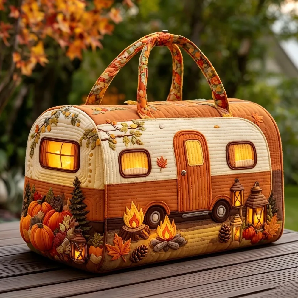 Christmas vintage Camping Car Quilted Handbag Women's 3D Snow Pumpkin Pine Lantern embroidery Large Capacity Travel Handbag