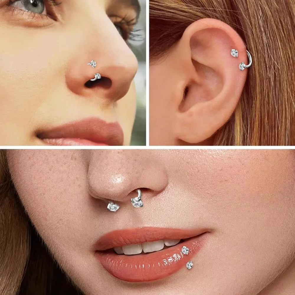Doppelköpfiger Nasenring aus Edelstahl mit Zirkonia, hochglanzpolierte Ohrringe, minimalistischer Stil, Größe 8/10/12mm – Detail 1