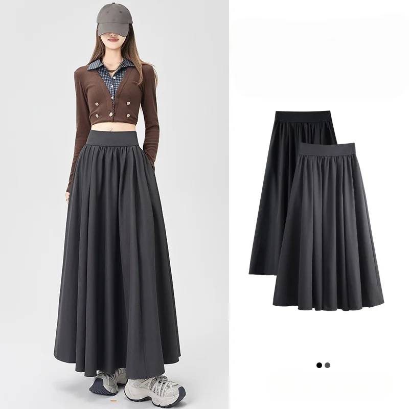 

Autumn High Waist Vintage Solid Women's Umbrella A-line Skirts Pocket 2025 New Korean Office Casual Loose Long Skirts Female