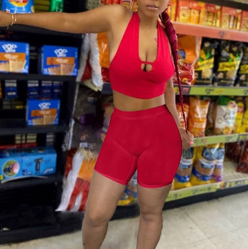 Guwu verão com decote em v halter topo e shorts conjunto de duas peças roupas esportivas femininas sexy agasalho verão rua clube festa outfits