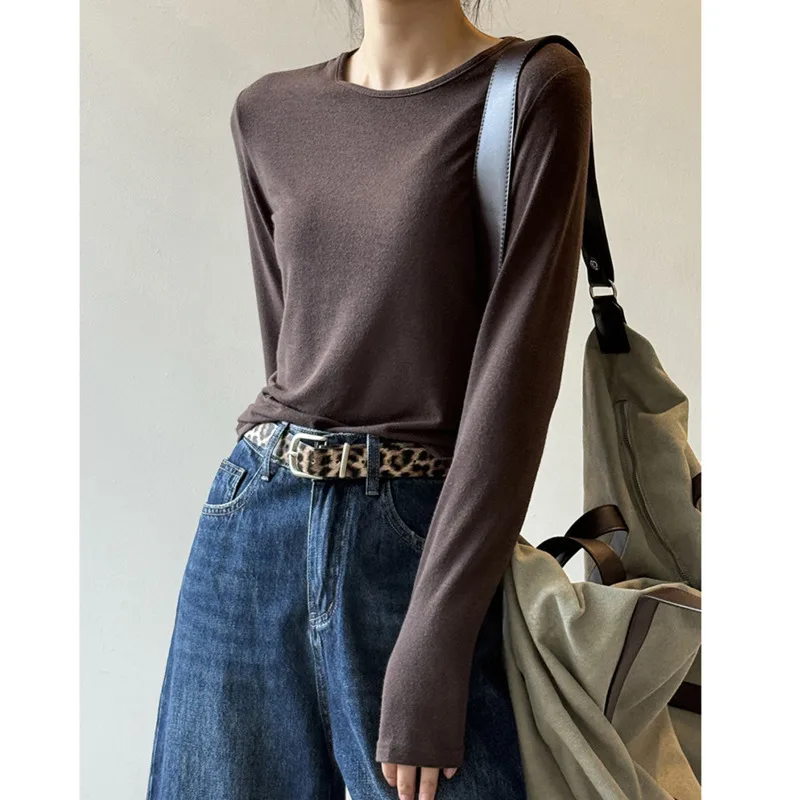 WHTREND الكورية نمط الجولة الرقبة بلون تي شيرت للنساء الخريف البلوز سليم صالح بسيط كم طويل قاعدة قميص WH2016 #3