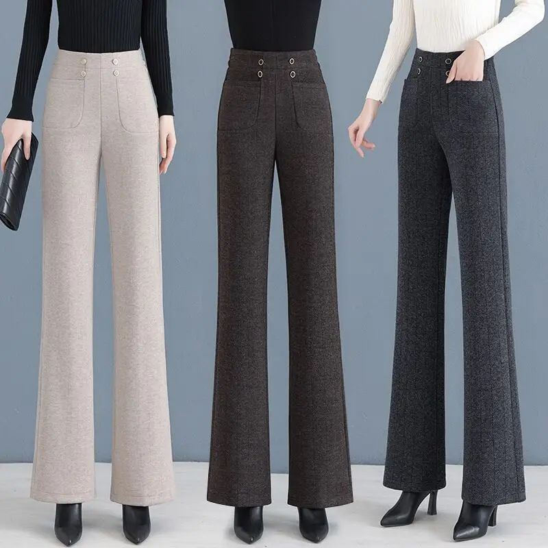 Woolen Wide Leg Pants for Women in the Autumn and Winter of 2025 New High Waisted Straight Leg Narrow Version with Thick Plush