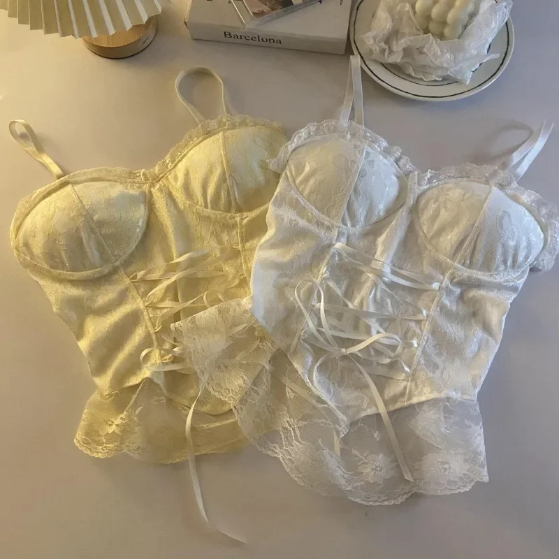 French Style Romantic Bandage Camisole Women Sweet Ladies Casual Crops Mujer Popular Summer Vintage Girl Slim Aesthetic Inside