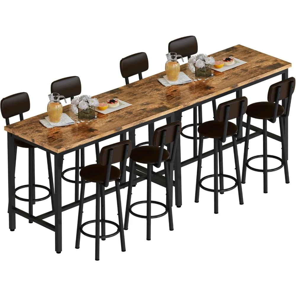 Faux Wooden Table with 8 PU Upholstered Chairs, Breakfast Table Bar Table and Backrest Chairs with Footrest for 8-10 People