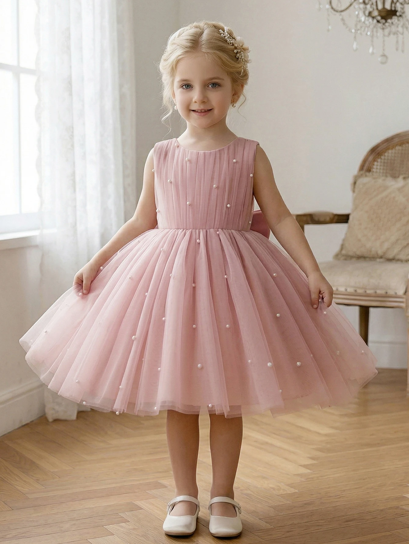 Young Girl Pink Pearl Bowknot Decorated Net Party Dress,Birthday Party,Princess Dress,Banquet,Stage Performance,Daily Wear view 5