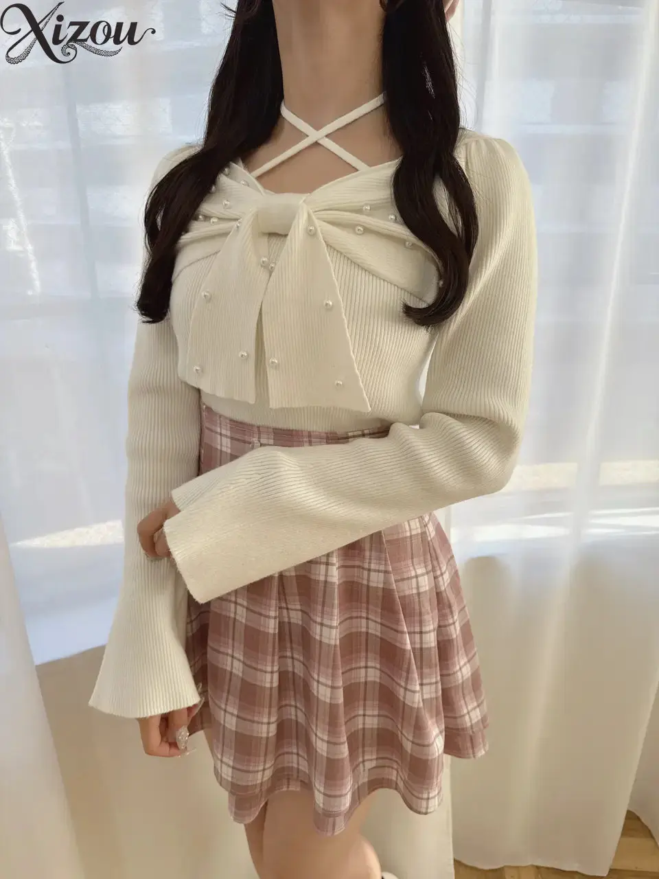 No Label Pink White Plaid Pleated Mini Skirt French Retro JK School Uniform High Waist A-Line Slimming Summer Commute Skirts