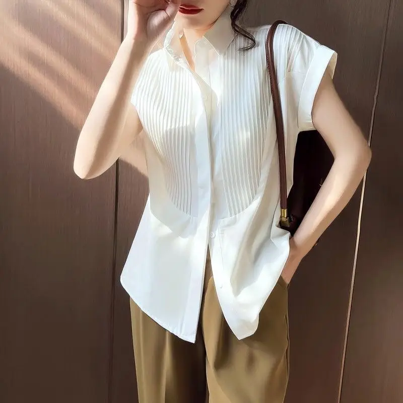 Women Summer Casual Loose Striped Pleated Polo-Neck Short Sleeve Shirts Women Clothes Simplicity All-match Office Lady Tops