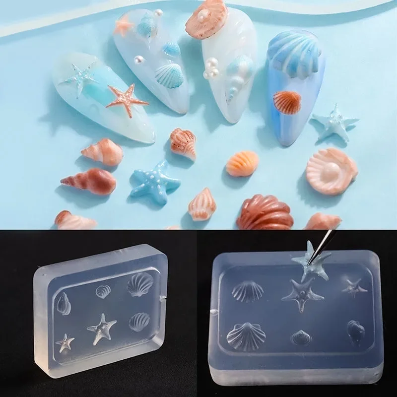 Modello di stampo per unghie estivo fai da te in silicone 3D, strumento per stencil per intaglio, conchiglia di mare, stelle marine, meduse, design per manicure, decorazioni per unghie
