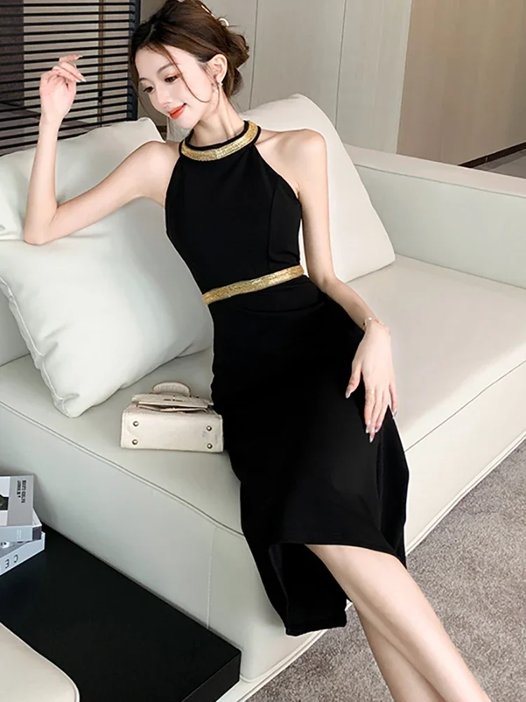 2025 schwarz Patchwork Diamanten Backless Sexy Neck-montiert Kleid Frauen Elegante Luxus Lange Kleid Kleid Sommer Koreanische, Figurbetontes Kleid