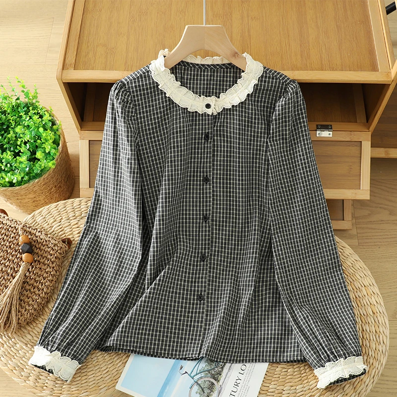 

Retro Bla White Plaid Cotton irt Women's Long Sve Floral Collar Spring Autumn New Sle Straight Cut Easy to Match irt