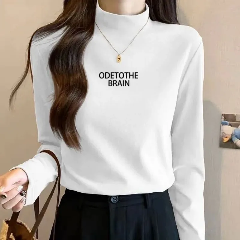 

Women's Autumn and Winter Fashion Simplicity Letter Embroidered Turtleneck Long Sleeve T-Shirt Women Clothes All-match Slim Tops