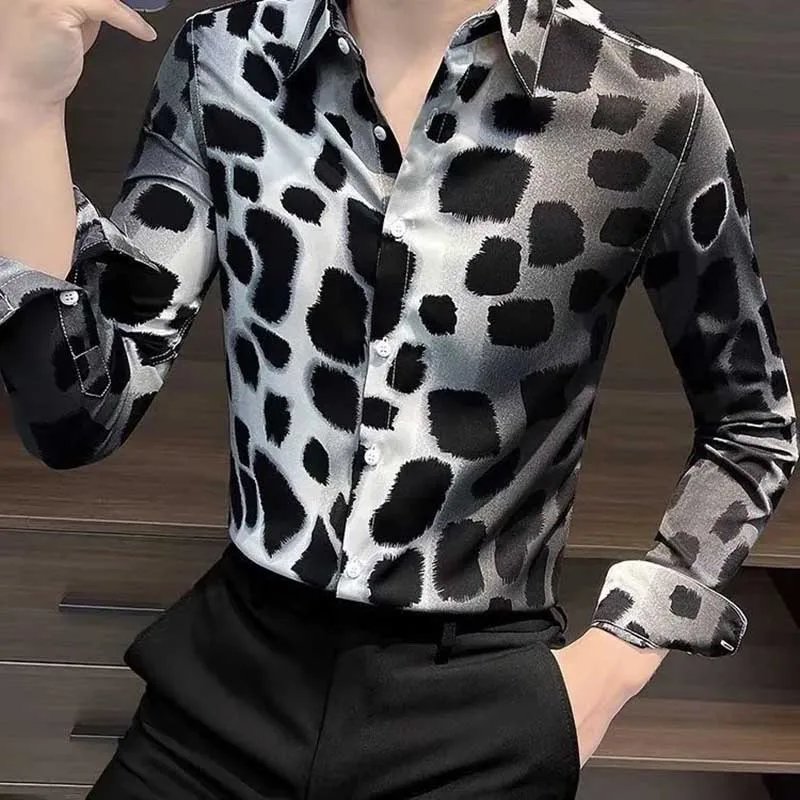 Fashion Lapel Button Printed Gradient Leopard Shirts Men\'s Clothing 2024 Spring Summer New Loose All-match Tops Casual Shirts