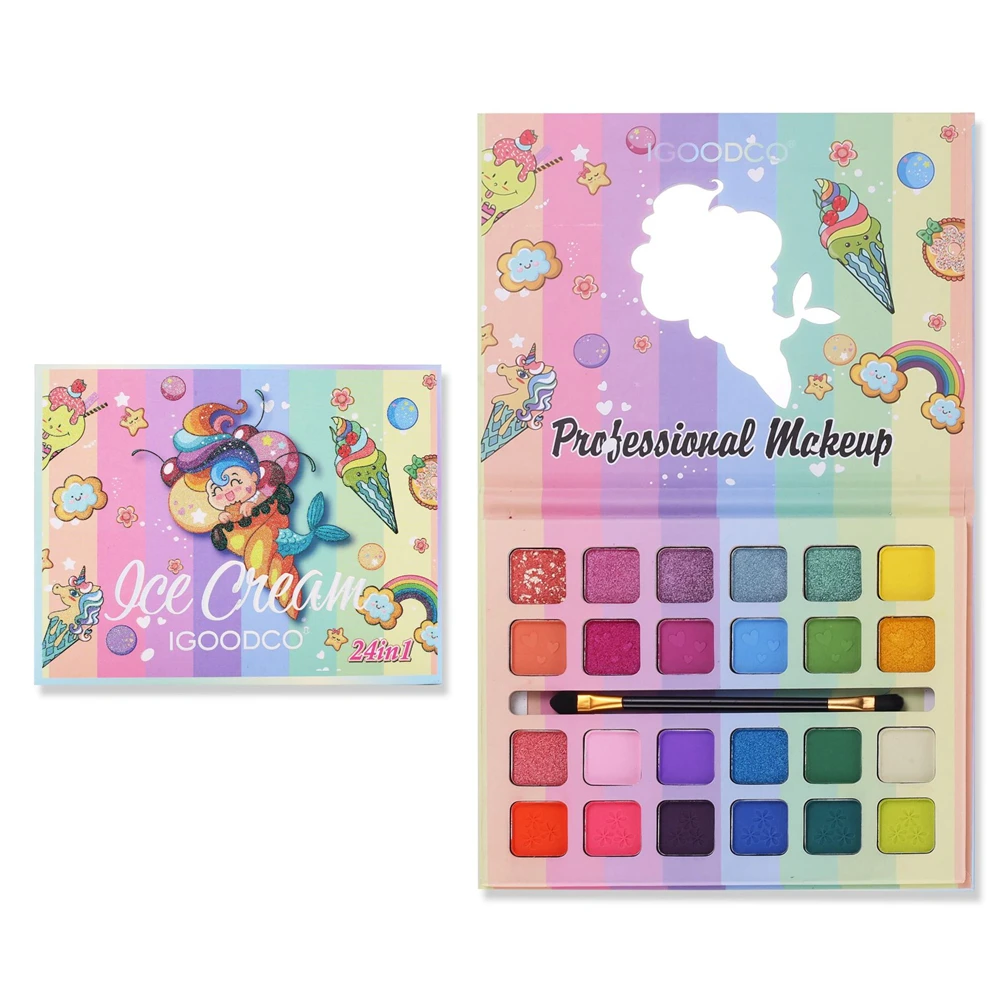 

Book Style Ice Cream Pattern 24 Colors Glitter Eyeshadow Palette with Brush Matte Shining Eye Shadow Palette Makeup Products