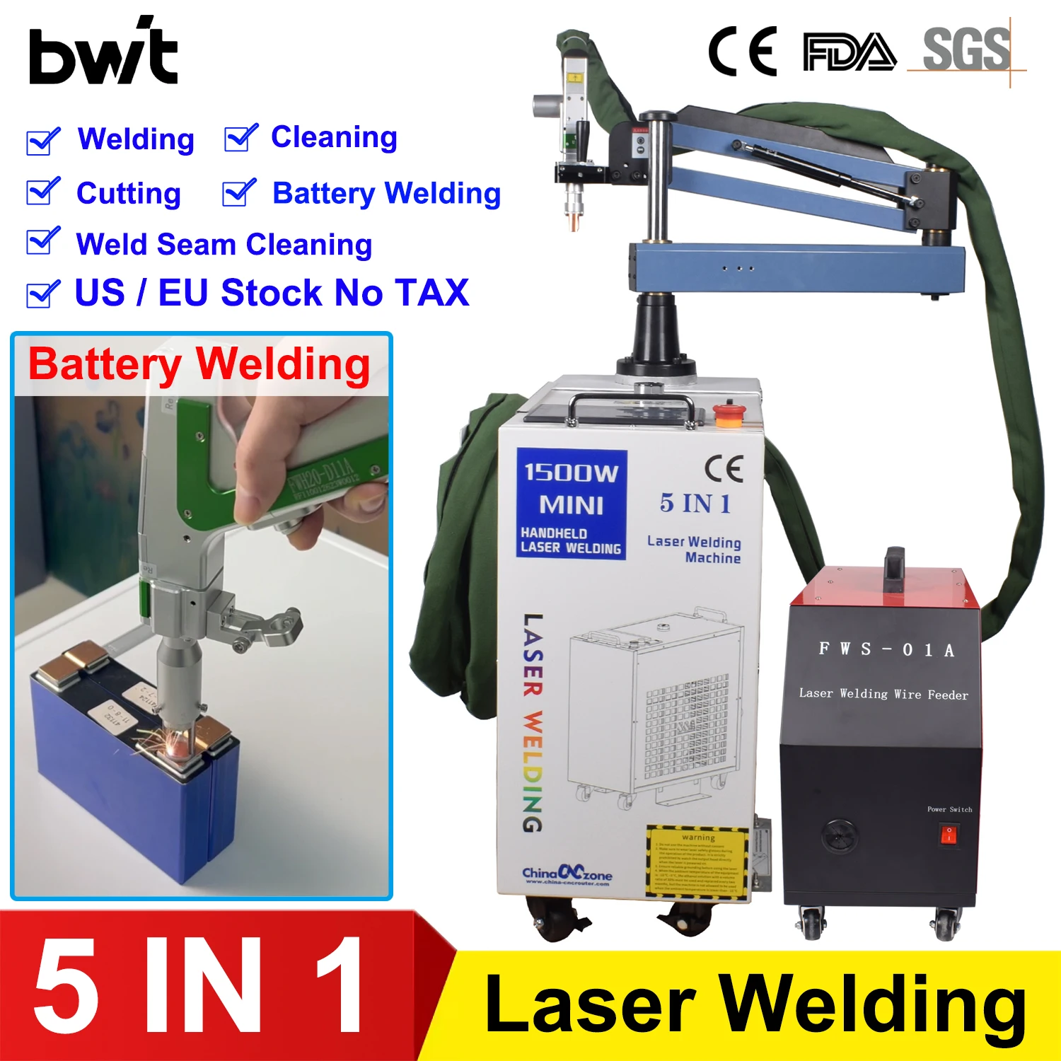 BWT 5 in 1 Fiber Laser Battery Welding Cleaning Cutting welding Machine Double Wobble 1500W Handheld Laser Welder for All Metal