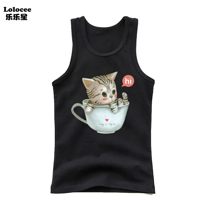 2024 Summer New Girls Sleeveless Vest Sports Undershirts Kids Cute Cup Cat Print Singlet Children Cotton Tank Tops