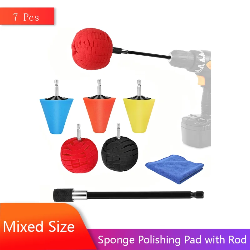 

7PCS Drill Polishing Pads Kit Polishing Foam Cone and Ball with Extension Holder 1/4" Hex Drill Attachment Drill Buffing Tool